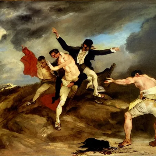 Prompt: Eugène Delacroix painting of Joe Biden and Donald Trump fighting