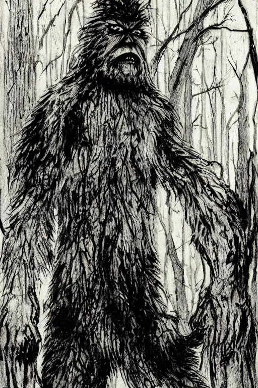 Image similar to mad bigfoot screaming in the woods artwork by ben templesmith