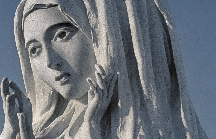 Prompt: statue of mother mary crying blood tears, close-up, blue sky in background, 60mm lens, grainy vintage photograph