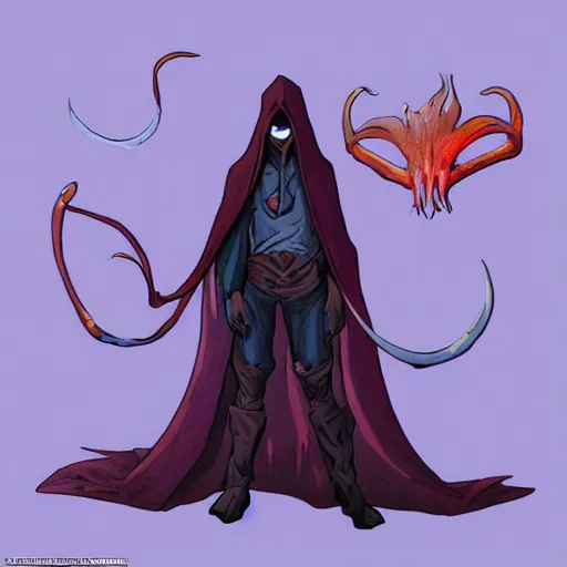 Image similar to concept art character with a vampire squid head and cape that is tall and thin that lives in an ocean setting in the apocalypse created by Dana terrace for a comic book with chromatic aberration and design influences from fret nice the video game