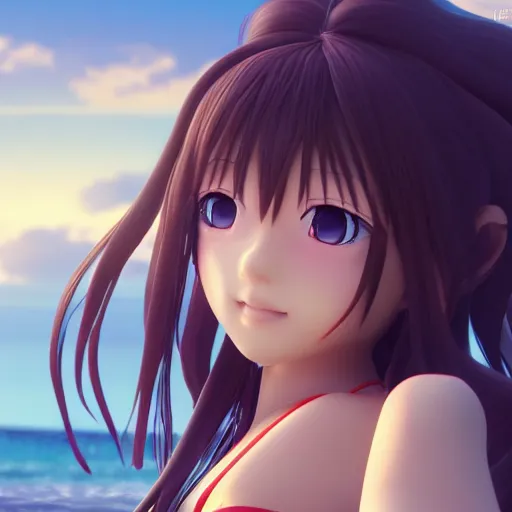 Prompt: horikita suzune render as a very beautiful 3d anime girl, long braided black hair, light red eyes, full round face, short smile, cute bikini, serene beach setting, cinematic lightning, medium shot, mid-shot, highly detailed, trending on Artstation, Unreal Engine 4k, cinematic wallpaper