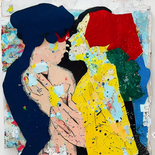 Image similar to two women kissing at a carnival, mixed media collage, retro, paper collage, magazine collage, acrylic paint splatters, bauhaus, claymation, layered paper art, sapphic visual poetry expressing the utmost of desires by jackson pollock