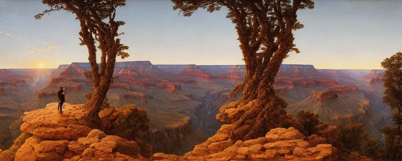 Image similar to romantic painting, wide shot of snuffleupagus in front of a the grand canyon at sunrise, highly detailed, sublime, hyperrealistic, painted by caspar david friedrich and albert bierstadt, trending on artstation 8 k