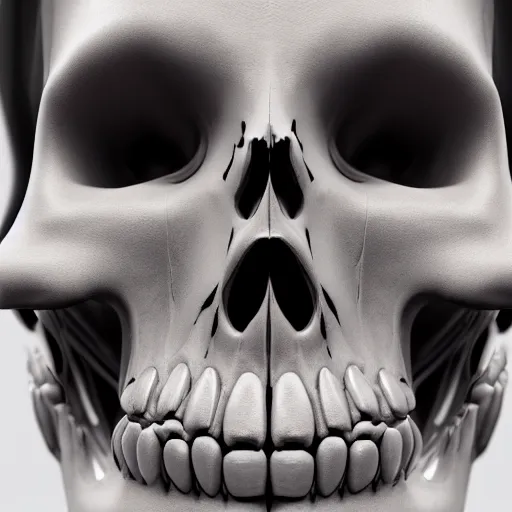 Image similar to closeup portrait photo of a stunning beautiful lady skull with her tongue touching her nose, 3D render,subsurface scattering,global illumination,raytracing,studio lighting, HDR, UHD, 4K