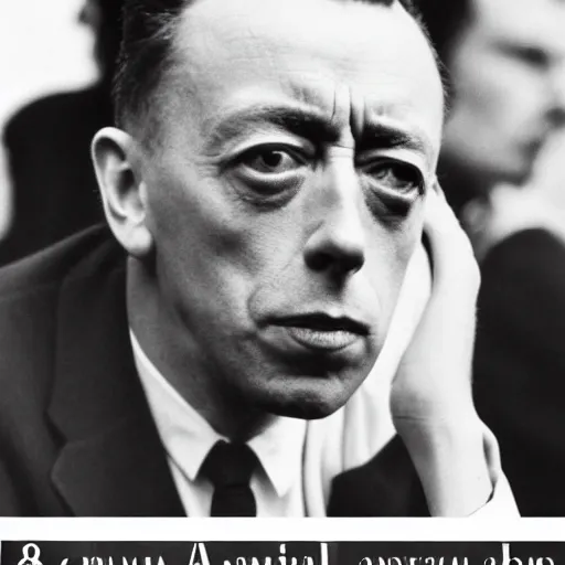 Image similar to 8k black and white photograph portrait of Albert Camus. National Geographic.