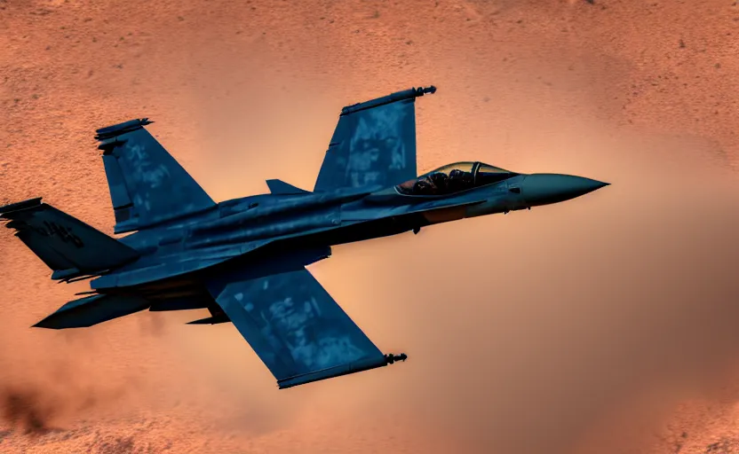 Prompt: a gritty hyperdetailed photorealistic f - 1 8 hornet ground attack aircraft flying low in the desert with dust being kicked up behind it in its wake, volumetric lighting, cinematic framing, cinematic lighting, cinematic shadows, in the style of top gun maverick