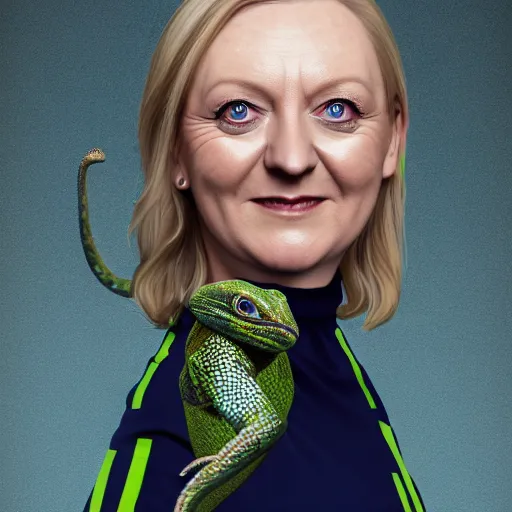 Prompt: A portrait of Liz Truss as a reptilian, snake eyes, slit pupils, metallic scales, Liz Truss, human-animal hybrid, hyperrealistic, trending on artstation