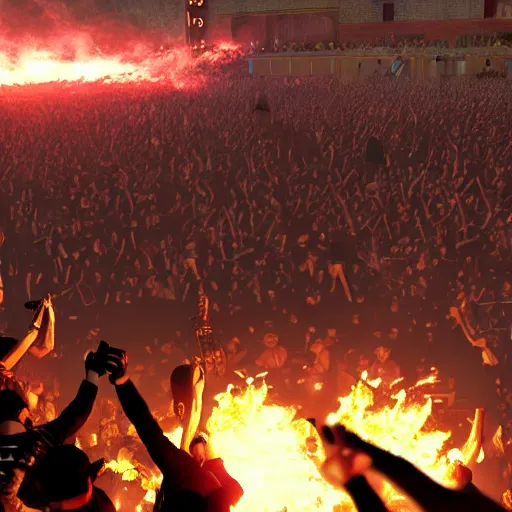 Image similar to the biggest mosh pit in the world, punks throwing Molotovs in the air, fighting, flame and fire, glowing upside cross, cinematic, epic, volumetric, godrays, dynamic lighting, dust flying up into the air, people shooting into the air with guns, octane render, photorealistic, unreal engine, artstation, artstation trending, artstation hq, artstation hd, Pinterest, 8k, ultra detailed, ultra realistic,