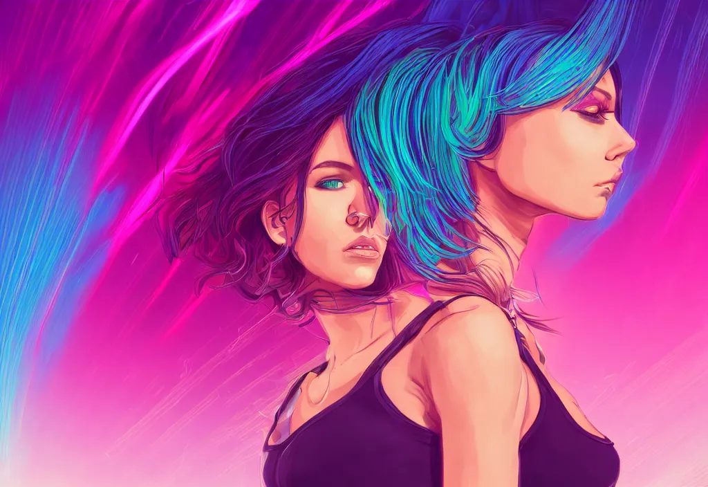 Prompt: a award winning half body portrait of a beautiful woman in a croptop and cargo pants with ombre purple pink teal hairstyle surrounded by whirling illuminated lines, outrun, vaporware, shaded flat illustration, digital art, trending on artstation, highly detailed, fine detail, intricate sensual