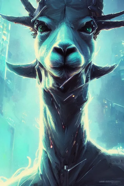 Image similar to closeup portrait of an evangelion beast mode llama, cyberpunk concept art by pete mohrbacher and artgerm and wlop and greg rutkowski and deathburger, digital art, highly detailed, intricate, sci-fi, sharp focus, Trending on Artstation HQ, deviantart, unreal engine 5, 4K UHD image, daily deviation, masterpiece llama art