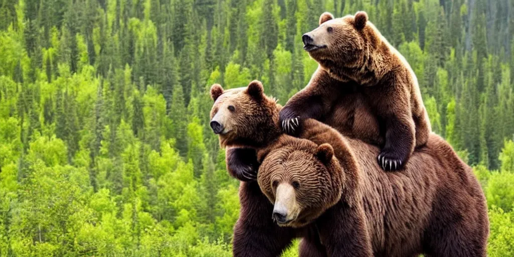 Prompt: bob ross riding on the back of a brown bear in alaska, outdoor, hyperrealistic, shutterstock contest winner, national geographic photo, stockphoto, majestic