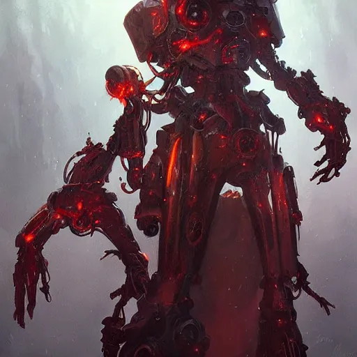 Image similar to undead - mech with bloody - flesh, grimdark magic, elegant, digital illustration, detailed, intricate, sharp focus, digital painting, deep focus, digital painting, artstation, concept art, matte, art by artgerm and greg rutkowski and alphonse mucha