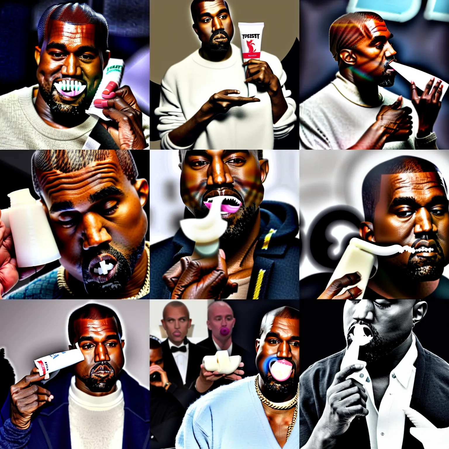 Prompt: kanye west holding a tube of toothpaste and squeezing it into his mouth