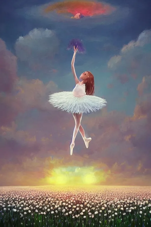 Image similar to giant white daisy flower as head, girl ballet dancing in a flower field, surreal photography, sunrise, dramatic light, impressionist painting, colorful clouds, digital painting, artstation, simon stalenhag