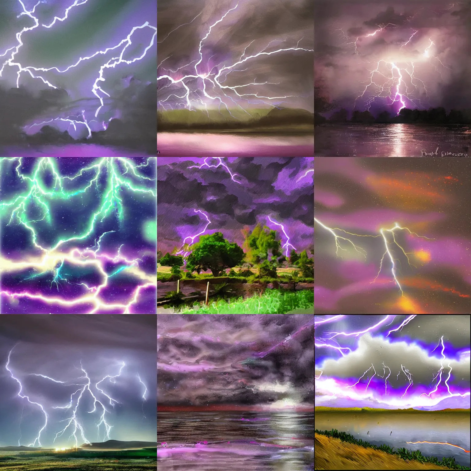 Prompt: Thunderstorm dark night sky, lots of purple lightnings, digital painting