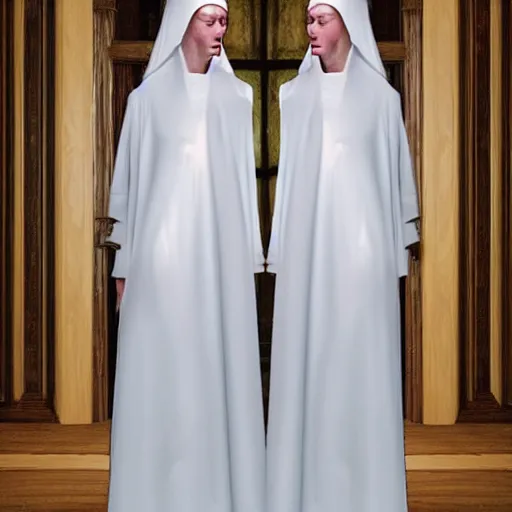 Prompt: award winning photo two Hovering twin nuns wearing hoods, buxom chested blindfolded wearing translucent veils see through dress, Very long arms, bedroom, wood door, eerie, frightening, highly detailed, photorealistic, colorized —width 1024 —height 1024