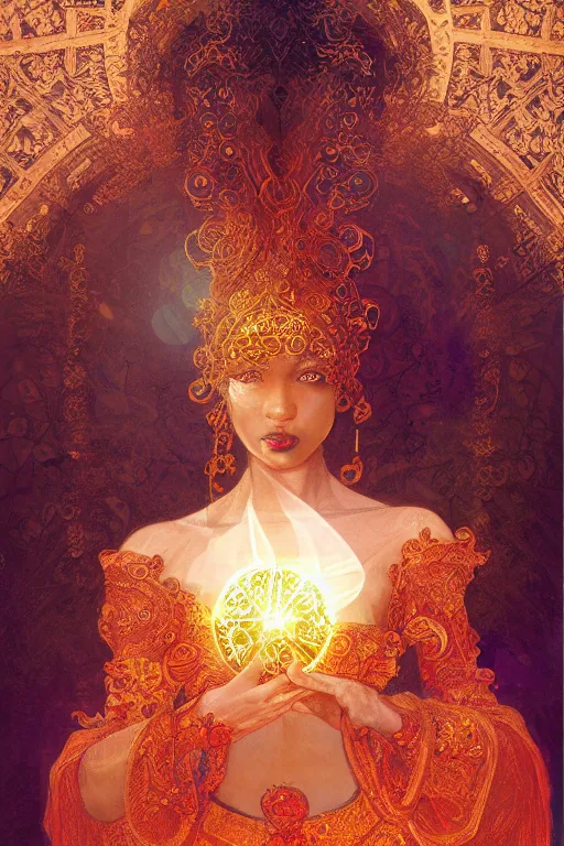 Image similar to tarot card artstation, portrait of a black love dancer, sunrise, baroque ornamnet and rococo ornament, ancient chinese ornate, hyperdetailed, beautiful lighting, craig mullins, mucha, klimt, yoshitaka amano, red and gold and orange color palatte