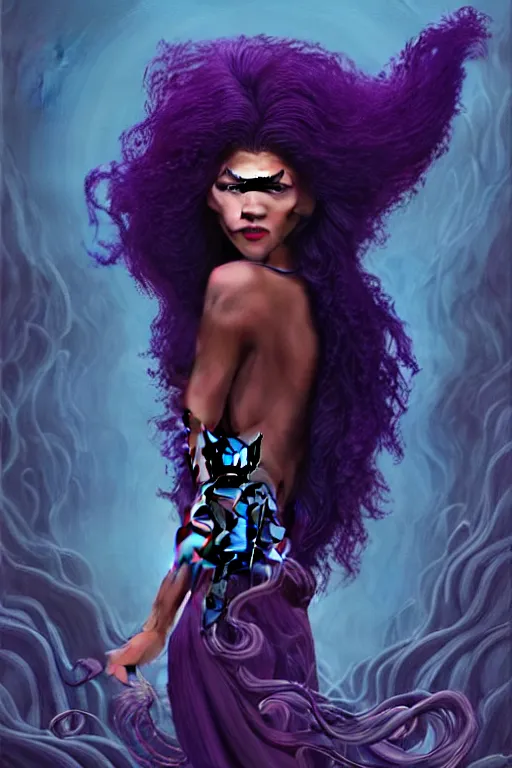 Prompt: zendaya with wavy dark purple hair coming out of the abyss with a panther on her shoulder, ultrafine hyperrealistic fantasy oil painting, art by ida outhwaite and loish, trending on artstation, dungeons and dragons, magic the gathering, intricate linework, sharp focus, smooth, unreal engine, dramatic lighting, 8 k,