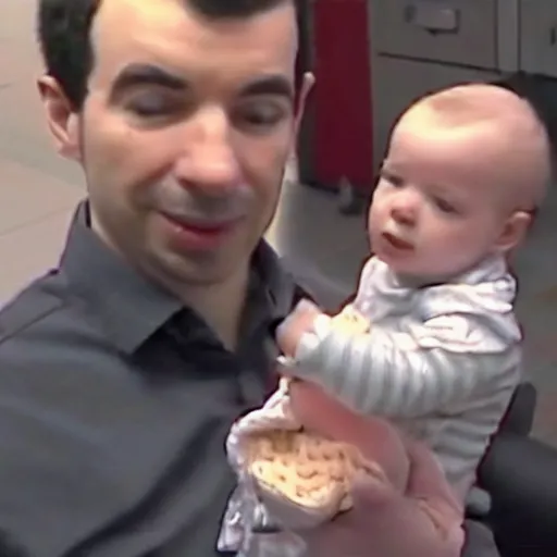 Image similar to cctv of Nathan fielder holding a baby