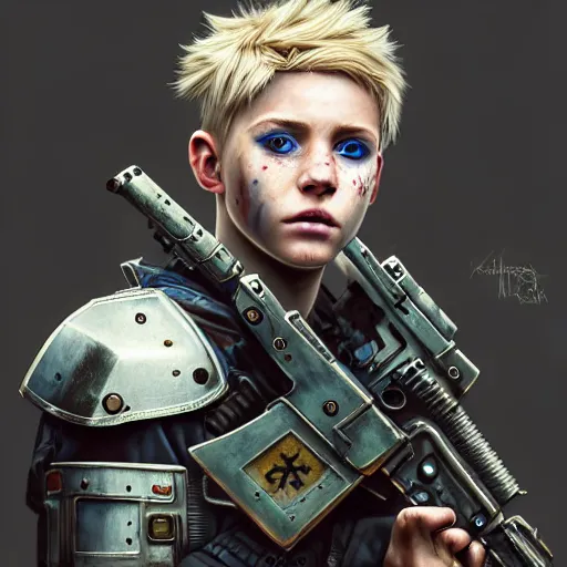 Image similar to portrait painting of a post - apocalyptic blonde teenager with blue eyes and patchy hair wearing light scrap armor with an old gun on his back, ultra realistic, concept art, intricate details, eerie, highly detailed, photorealistic, octane render, 8 k, unreal engine. art by artgerm and greg rutkowski and charlie bowater and magali villeneuve and alphonse mucha