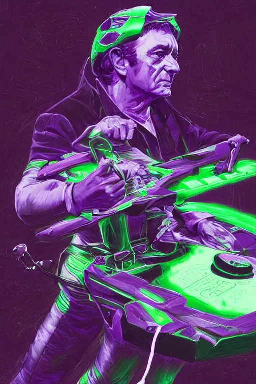 Image similar to portrait of johnny cash as purple green ranger from power rangers riding on guitar zord ufo hoverboard, intricate, highly detailed, smooth, artstation, digital illustration by Ruan Jia and Mandy Jurgens and Artgerm and Wayne Barlowe and Greg Rutkowski and Zdislav Beksinski