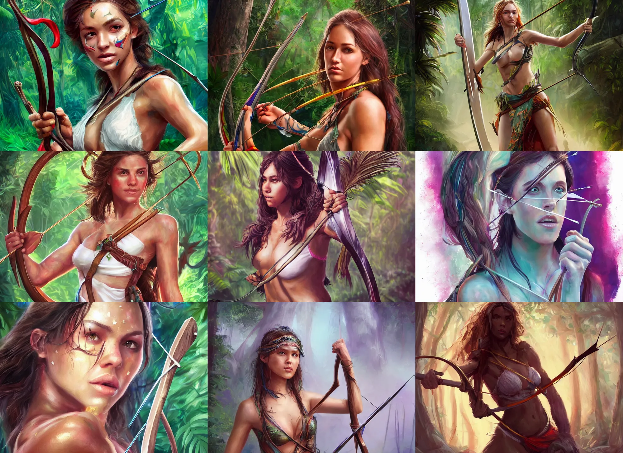 Prompt: artstation concept of beautiful adventurerwoman holding a bow and arrow, sweaty skin, symmetrical face, high face detail, ripped up white garment, rainforest jungle background, shiny colorful, hyperdetailed, artstation trending, world renowned artists, Deviantart