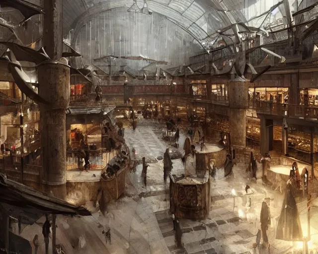 Image similar to a mall in the style of early medieval vikings, art by greg rutkowski and artgerma, stunning concept art, interior design architecture