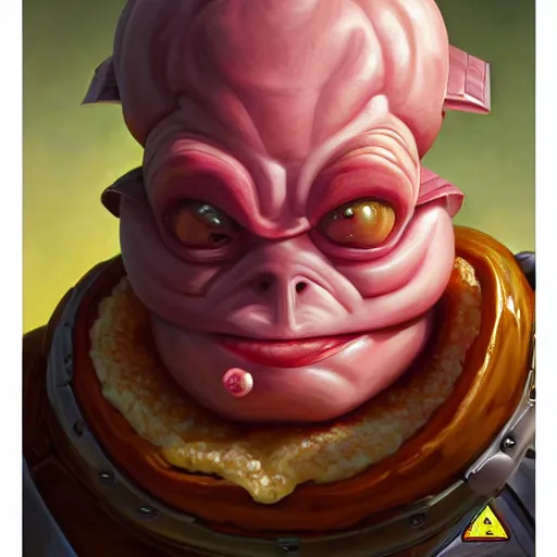 Image similar to portrait of krang from tmnt eating hamburgers, extra onions and ketchup, luscious patty with sesame seeds, feminine ethereal, handsome, d & d, fantasy, intricate, elegant, highly detailed, digital painting, artstation, concept art, matte, sharp focus, illustration, art by artgerm and greg rutkowski and alphonse mucha