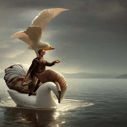 Image similar to prince riding a giant swan in the lake, trending on artstation
