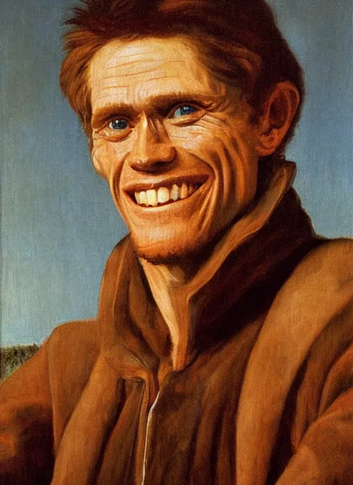 Image similar to portrait painting of young willem dafoe with stubble smiling warmly, renaissance oil painting, studious chiaroscuro