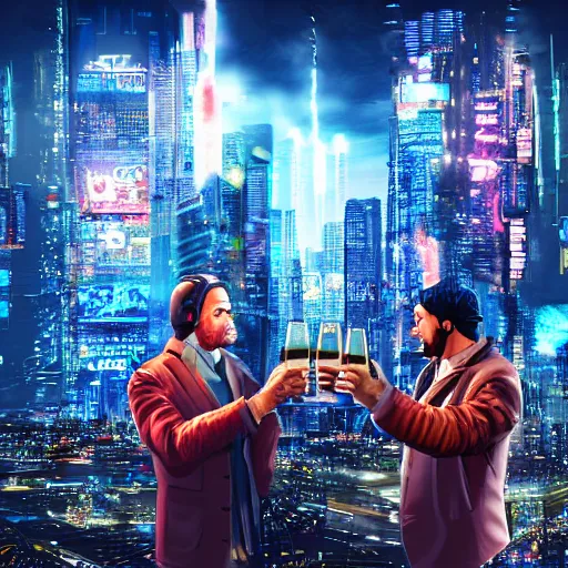 Prompt: two men toast at the end of the world in a cyberpunk city, realistic, high definition, 4K, shimmering color, symmetrical face, hyper detailed, art of invincible