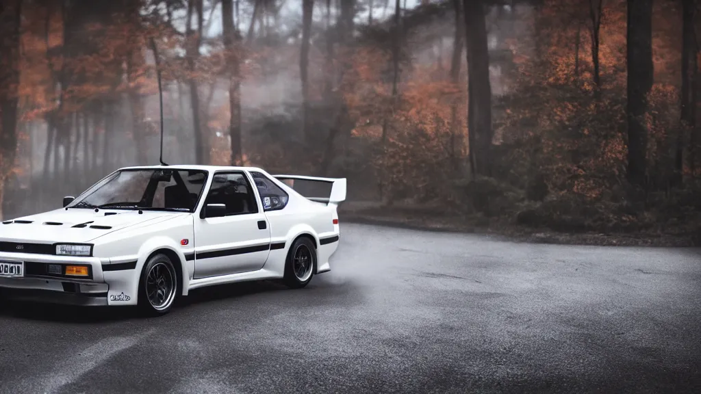 Prompt: takumi fujiwara's toyota ae 8 6, cinematic, nikon d 7 5 0, long exposure, white balance, 8 k, led, lumen global illumination, fog, ray tracing reflections, fxaa, rtx, post - production