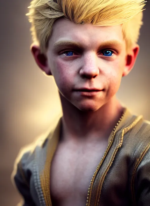 Prompt: ( ( ( ( ( hyperrealist cg of an epic fantasy blonde boy wearing thieves clothing ) ) ) ) ) by daniel f. gerhartz and matt stewart, fantasy, photorealistic, octane render, unreal engine, dynamic lighting, perfect factions, very detailed faces, trending on artstation, poster, volumetric lighting, 4 k, award winning