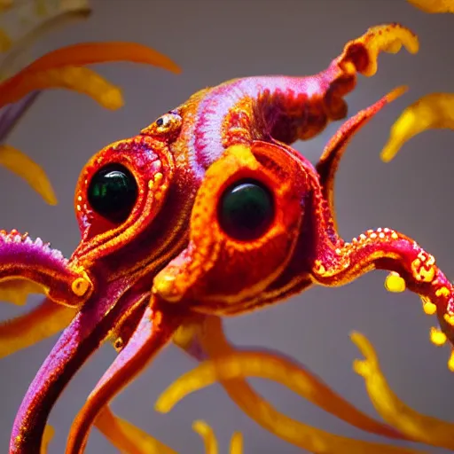 Prompt: fiery whimsical emotional eyes cephalopod, in a photorealistic macro photograph with shallow dof, in the style of a medieval bestiary
