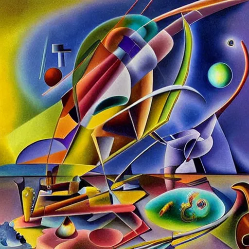 Prompt: a hd surrealism painting of 3d cast glass galactic sculptures by dali and kandinsky, ultra detailed, 8k, complimentary colors