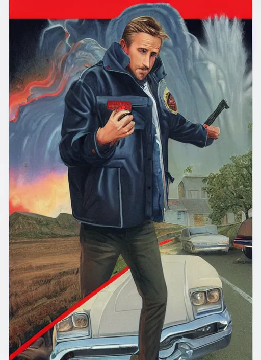 Image similar to ryan gosling in letterman jacket small town crime scene being hunted by the killer, twin peaks poster art, by michael whelan, rossetti bouguereau, artgerm, retro, nostalgic, old fashioned, 1 9 8 0 s teen horror novel cover, book,