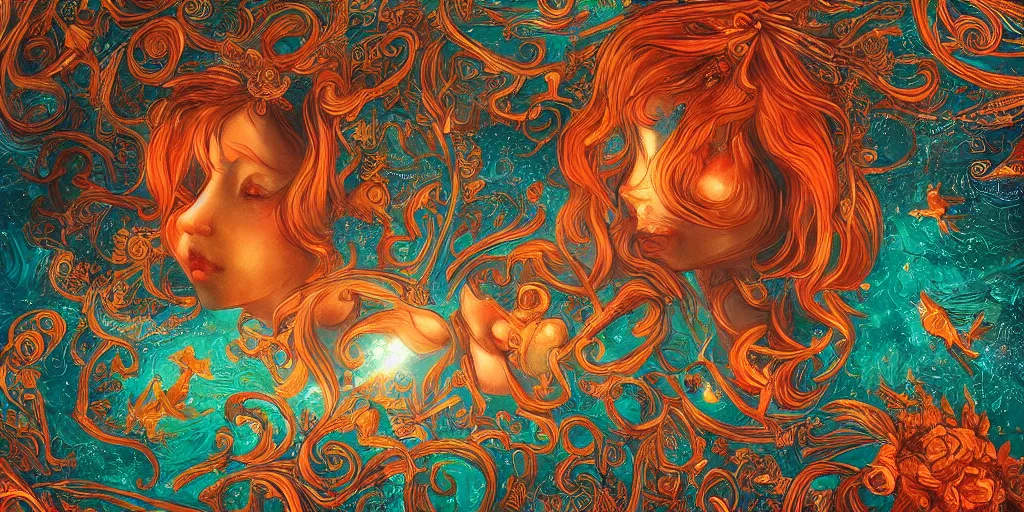 Image similar to ai dreams of god. baroque, deep focus, fantasy, intricate, elegant, highly detailed, digital painting, artstation, sharp focus, illustration. scarlet - green and mustard - indigo and azure - orange and white color scheme.