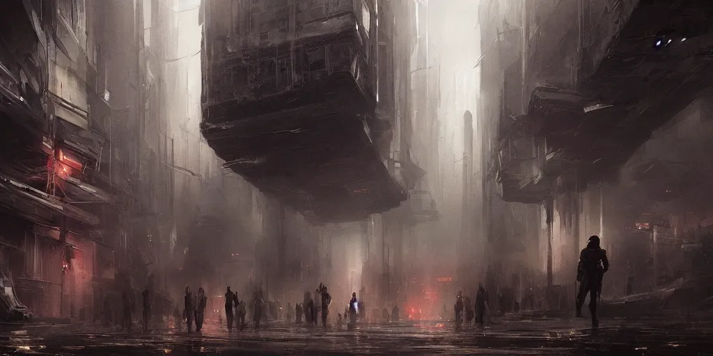 Image similar to a painting of a cinematic keyframe of star wars a dark sith black hooded from behind in a dark dystopian cyperpunk city slums, heavy atmosphere and smoke by greg rutkowski, rule of thirds, golden ratio, ambient lighting, wlop, artgerm, artstation, highly detailed masterpiece, dark fantasy art, high detail, trending on artstation