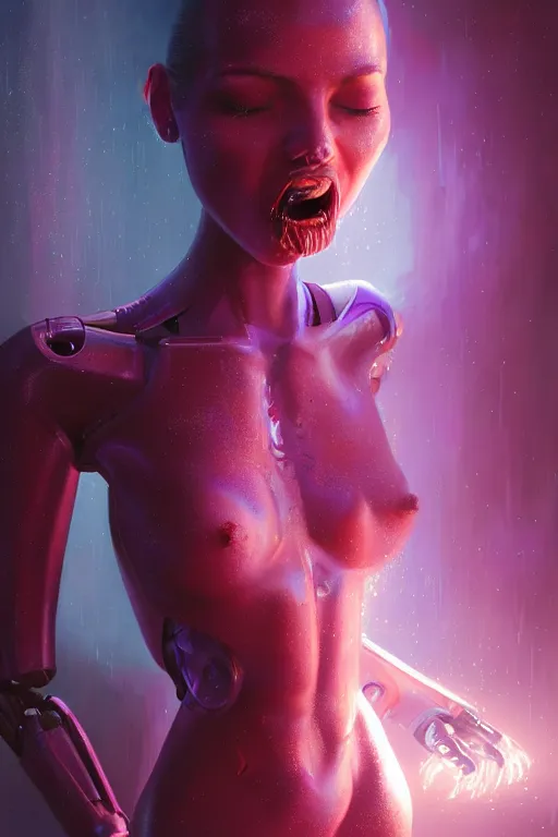 Image similar to attractive female i robot sticking tongue out sensually and sweating, torso portrait, intricate, elegant, purple volumetric lighting, scenery, digital painting, highly detailed, artstation, sharp focus, illustration, concept art, luis rollo, ruan jia, steve mccurry, john berkey