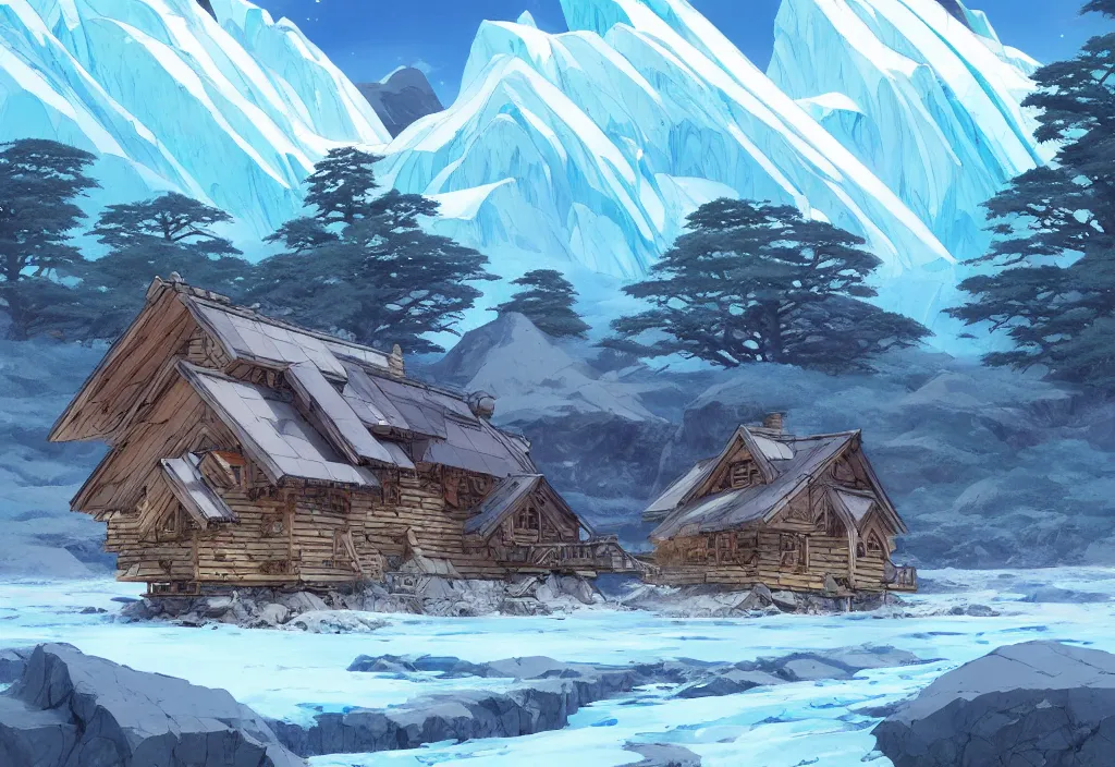 Image similar to a glacier with a tiny chubby wood house on the foreground, dead trees, ice, rocks, dry plants, intricate oil painting, high detail illustration, sharp high detail, manga and anime 1 9 9 9, official fanart behance hd artstation by jesper ejsing and makoto shinkai, 4 k,