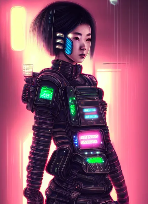 Image similar to stunning futuristic superb cyberpunk young female Samurai wearing samurai armor hybrid with military tactical vest, armor has neon circuitry, sci-fi in futuristic stormy heavy rain thunder flashing tokyo rooftop cyberpunk night, sci-fi,fantasy, intricate, very very beautiful, elegant, neon light, highly detailed, Cinematic, digital painting, artstation, hyper realism, concept art, soft light, hdri, smooth, sharp focus, illustration, art by tian zi and craig mullins and WLOP and alphonse mucha