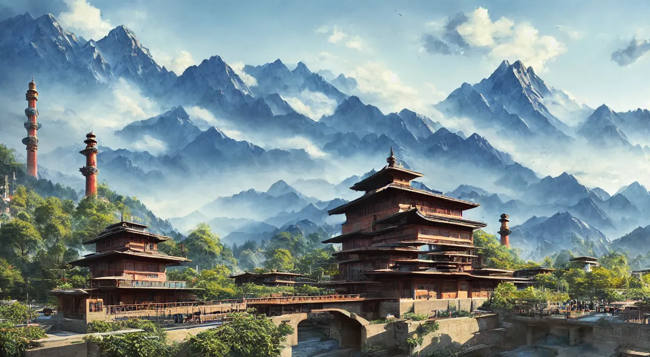 Image similar to retrofutristic city under kashmir mountains, wooden pagodas and mosques, little wood bridge, painting of tower ivy plant in marble late afternoon light, wispy clouds in a blue sky, by frank lloyd wright and greg rutkowski and ruan jia