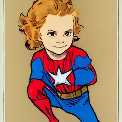 Image similar to a little boy with a mischievous face and short ginger hair. he is dressed as captain america, spider - man, batman, captain marvel, a superhero. well composed, clean elegant painting, beautiful detailed face. by steve ditko and jack kirby and alphonse mucha