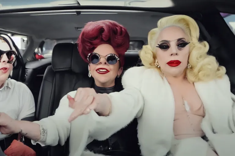 Image similar to lady gaga and judy garland in carpool karaoke, lady gaga, judy garland, red weapon 8 k s 3 5, cooke anamorphic / i lenses, highly detailed, cinematic lighting