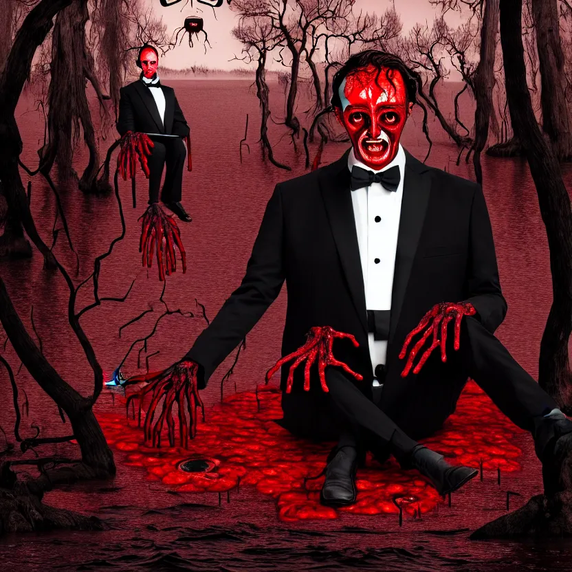 Image similar to a portrait of a man in a tuxedo with five heads, twelve arms, and sixteen legs, sitting on chair made of human limbs, the chair is floating in a lake of blood, surrounding the lake are melting trees, digital art, hyperrealistic nightmare scene, supernatural, highly detailed, creepy, terrifying