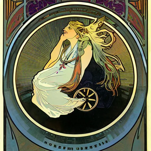 Prompt: Illustration by Alphonse Mucha of a futuristic car