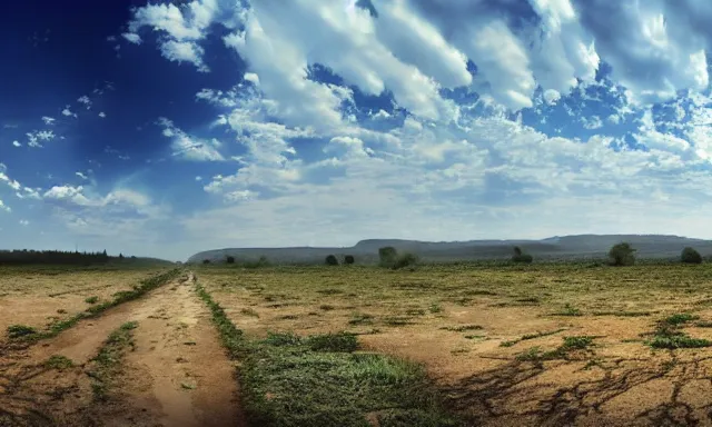 Image similar to panorama of big raindrops flying upwards into the perfect cloudless blue sky from a dried up river in a desolate land, dead trees, blue sky, hot and sunny highly-detailed, elegant, dramatic lighting, artstation, 4k, cinematic landscape, photograph by National Geographic