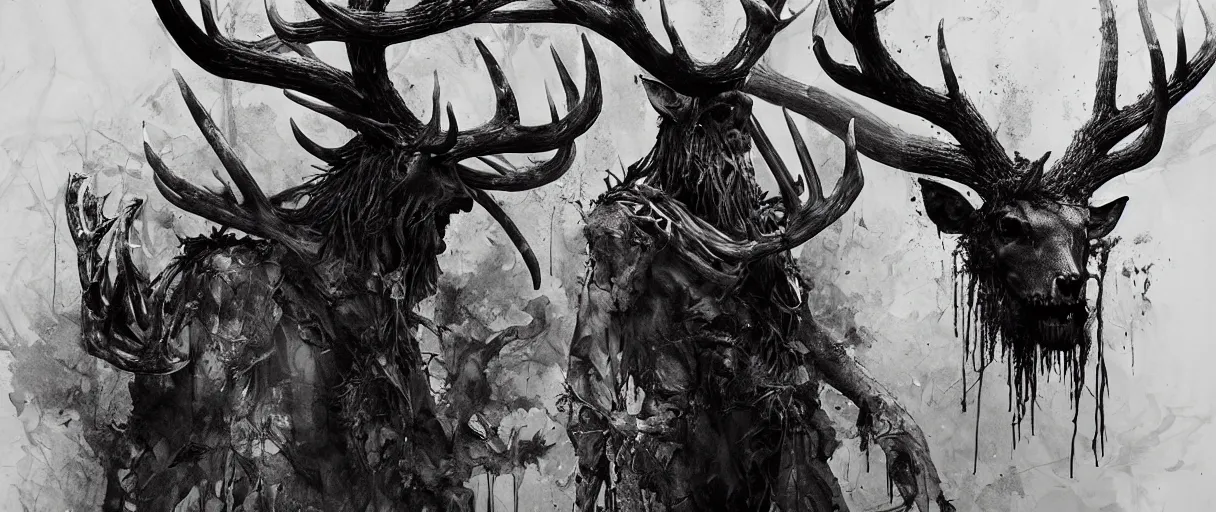 Image similar to portrait of leshen with deer skull and antlers from witcher 3 by emil melmoth zdzislaw beksinki craig mullins yoji shinkawa realistic render ominous detailed photo atmospheric by jeremy mann francis bacon and agnes cecile ink drips paint smears digital glitches glitchart