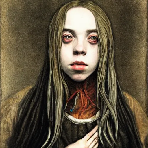 Prompt: fantasy painting of billie eilish by judson huss and henriette grindat and albrecht durer | horror themed | creepy