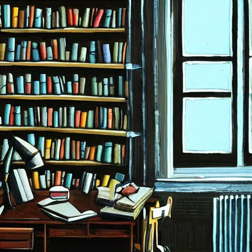 Prompt: painting of an apartment own by a writer, a lot of books on the shelves, desk with typewriter on it, one windows with gentle light